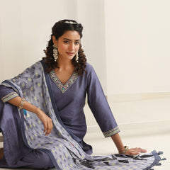Khushal K Women Pure Silk grey Embroidered Kurta & Palazzo With Dupatta
