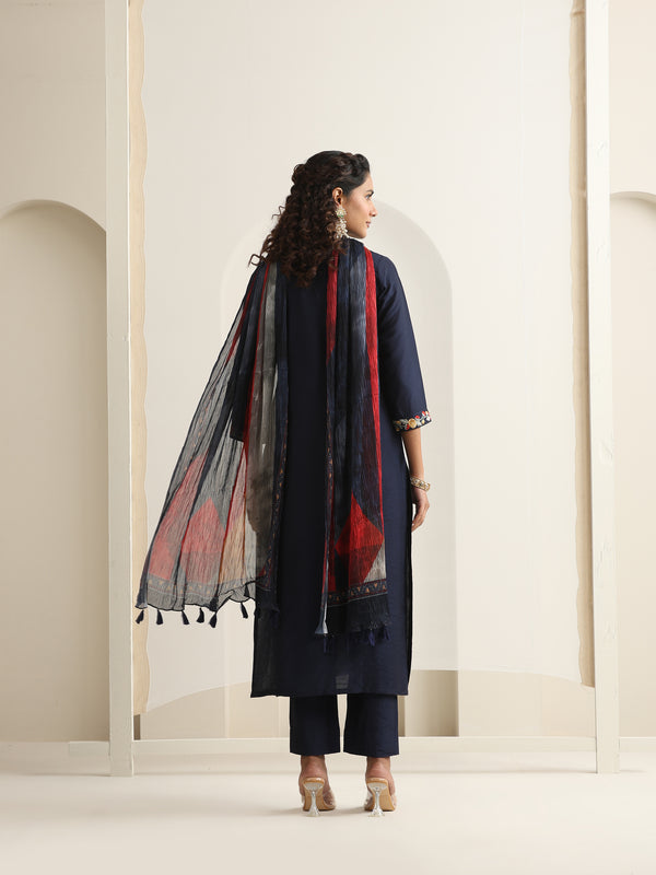 Khushal K Women Pure Silk blue Embroidered Kurta & Palazzo With Dupatta