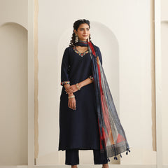 Khushal K Women Pure Silk blue Embroidered Kurta & Palazzo With Dupatta