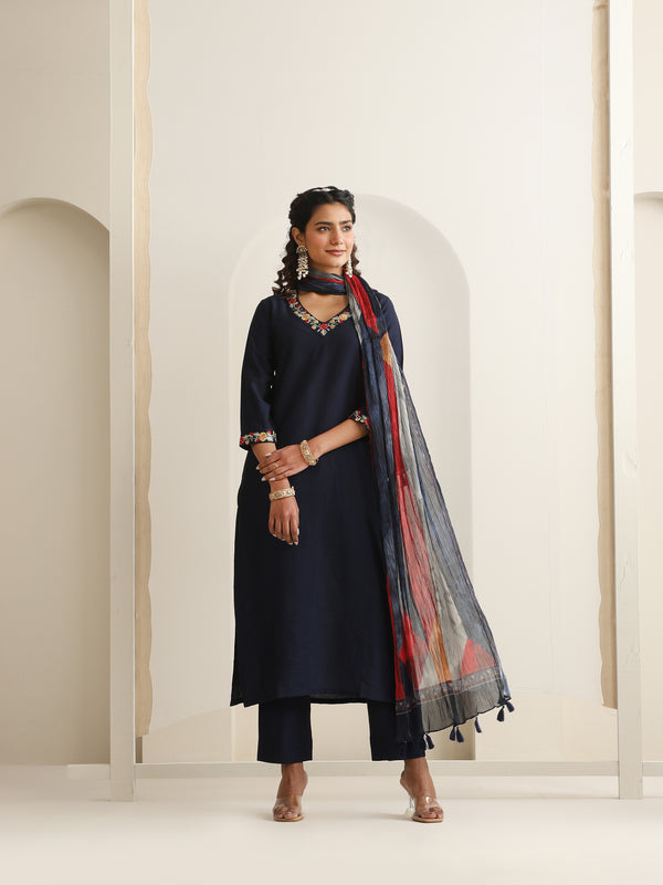 Khushal K Women Pure Silk blue Embroidered Kurta & Palazzo With Dupatta
