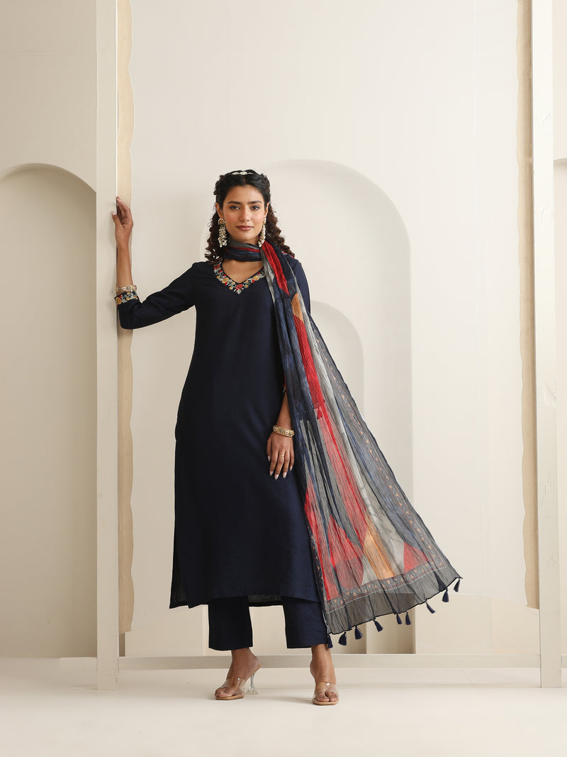 Khushal K Women Pure Silk blue Embroidered Kurta & Palazzo With Dupatta