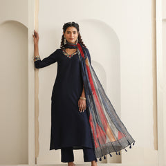 Khushal K Women Pure Silk blue Embroidered Kurta & Palazzo With Dupatta