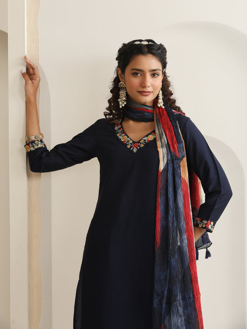 Khushal K Women Pure Silk blue Embroidered Kurta & Palazzo With Dupatta