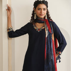 Khushal K Women Pure Silk blue Embroidered Kurta & Palazzo With Dupatta