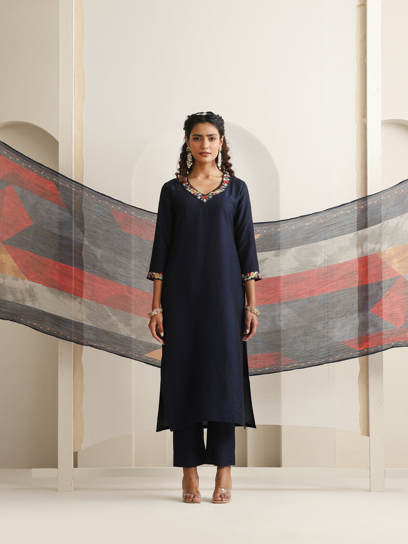 Khushal K Women Pure Silk blue Embroidered Kurta & Palazzo With Dupatta