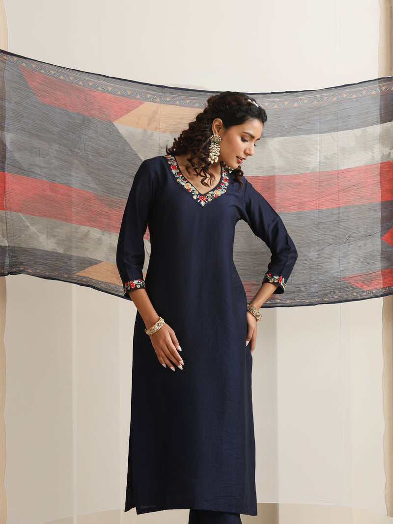 Khushal K Women Pure Silk blue Embroidered Kurta & Palazzo With Dupatta