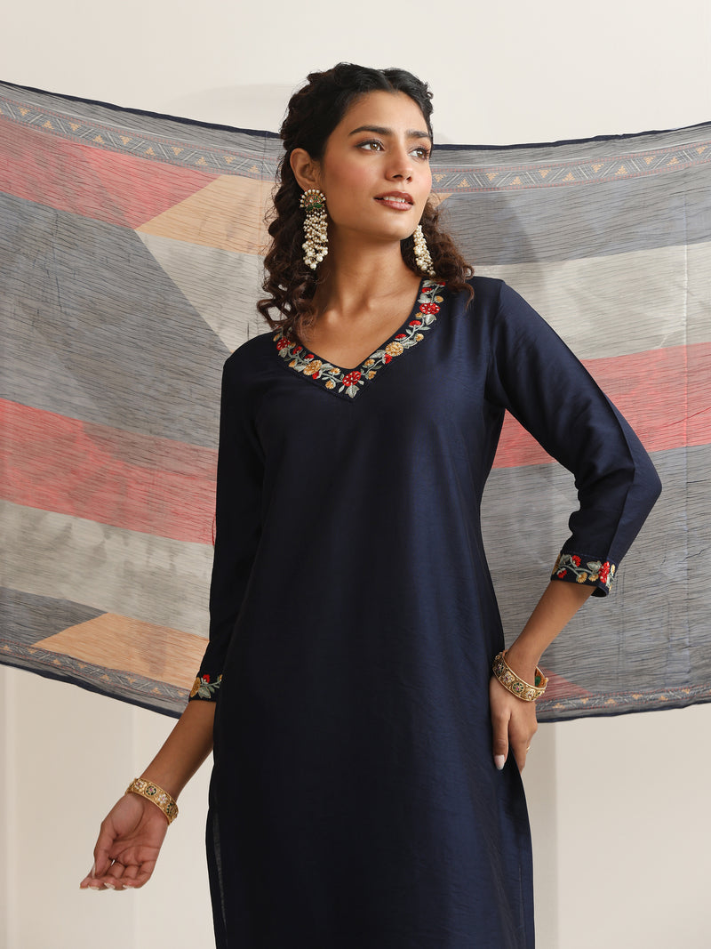 Khushal K Women Pure Silk blue Embroidered Kurta & Palazzo With Dupatta