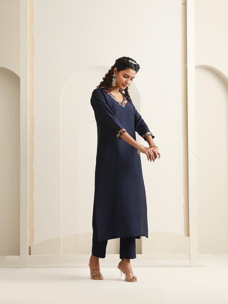 Khushal K Women Pure Silk blue Embroidered Kurta & Palazzo With Dupatta