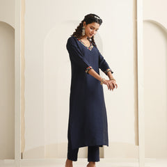 Khushal K Women Pure Silk blue Embroidered Kurta & Palazzo With Dupatta