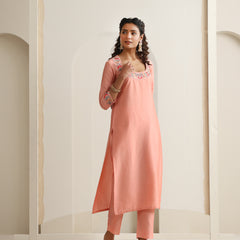 Khushal K Women Pure Silk peach Embroidered Kurta & Palazzo With Dupatta