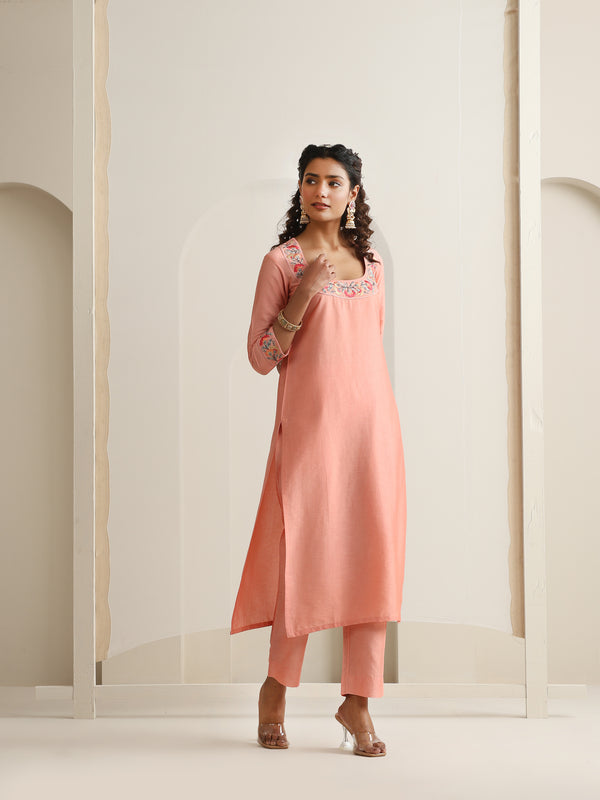 Khushal K Women Pure Silk peach Embroidered Kurta & Palazzo With Dupatta