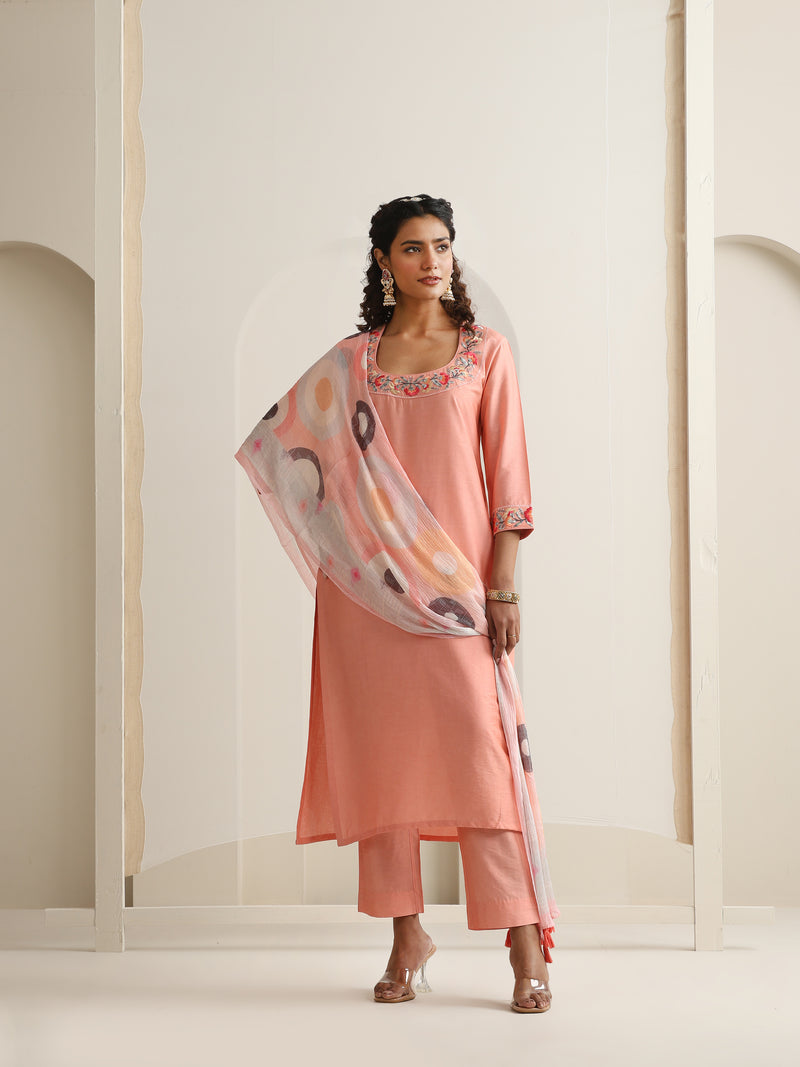 Khushal K Women Pure Silk peach Embroidered Kurta & Palazzo With Dupatta