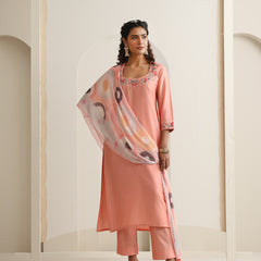 Khushal K Women Pure Silk peach Embroidered Kurta & Palazzo With Dupatta