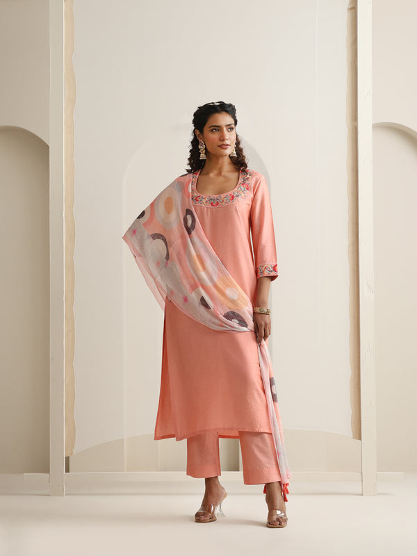 Khushal K Women Pure Silk peach Embroidered Kurta & Palazzo With Dupatta