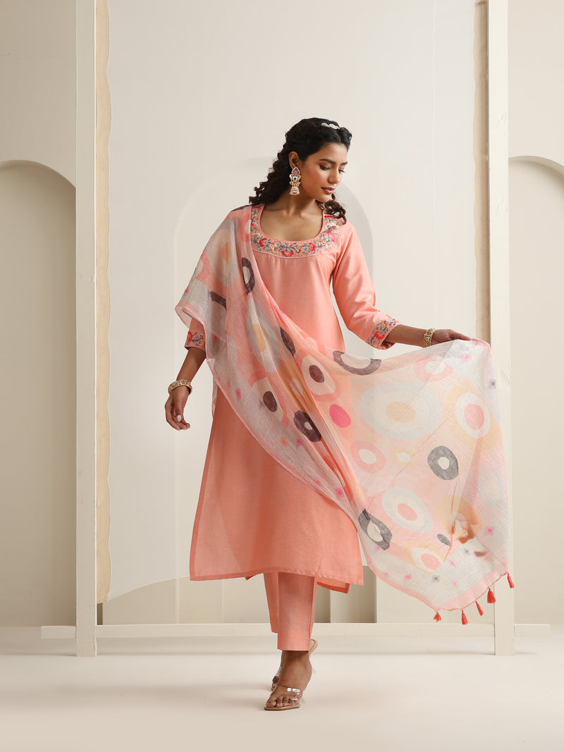 Khushal K Women Pure Silk peach Embroidered Kurta & Palazzo With Dupatta