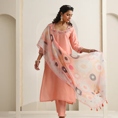 Khushal K Women Pure Silk peach Embroidered Kurta & Palazzo With Dupatta