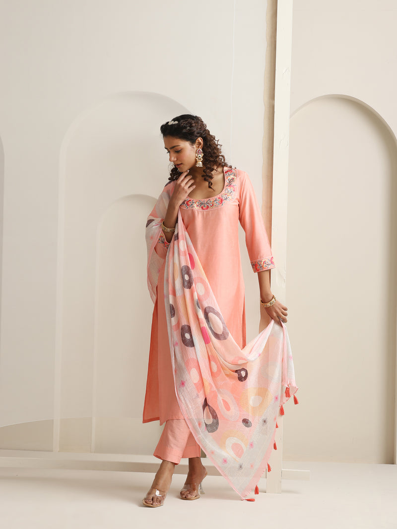 Khushal K Women Pure Silk peach Embroidered Kurta & Palazzo With Dupatta