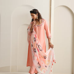 Khushal K Women Pure Silk peach Embroidered Kurta & Palazzo With Dupatta