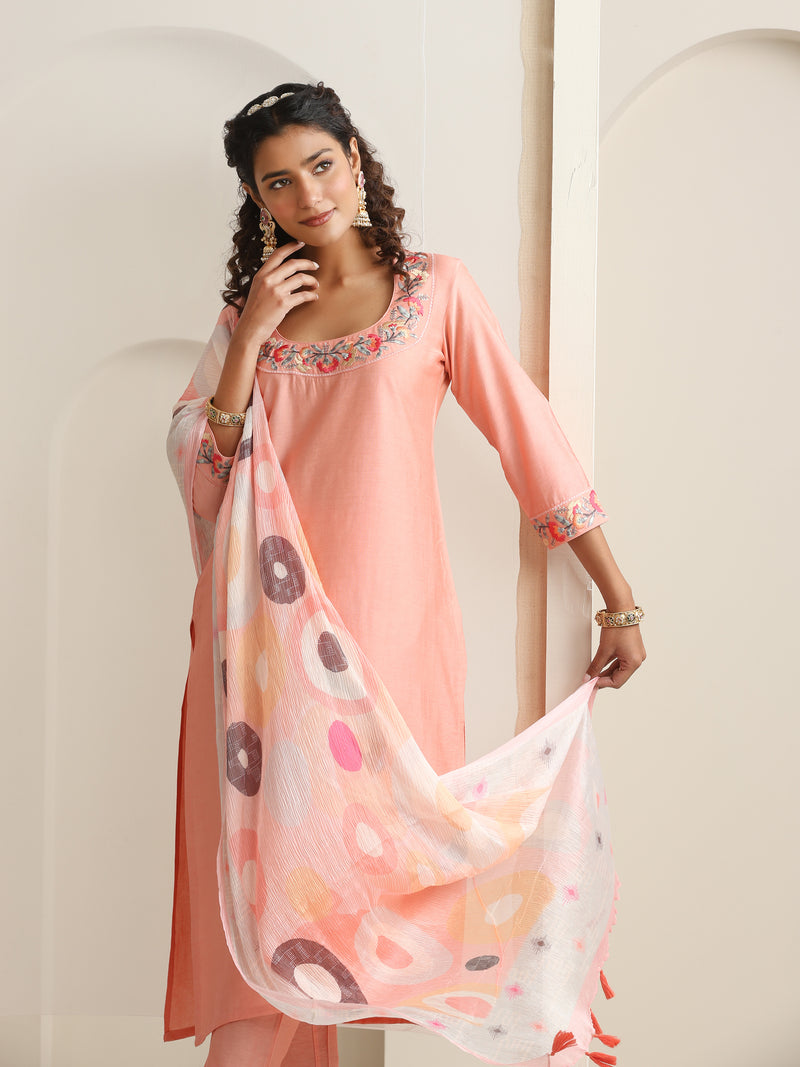 Khushal K Women Pure Silk peach Embroidered Kurta & Palazzo With Dupatta