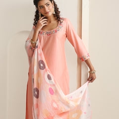 Khushal K Women Pure Silk peach Embroidered Kurta & Palazzo With Dupatta