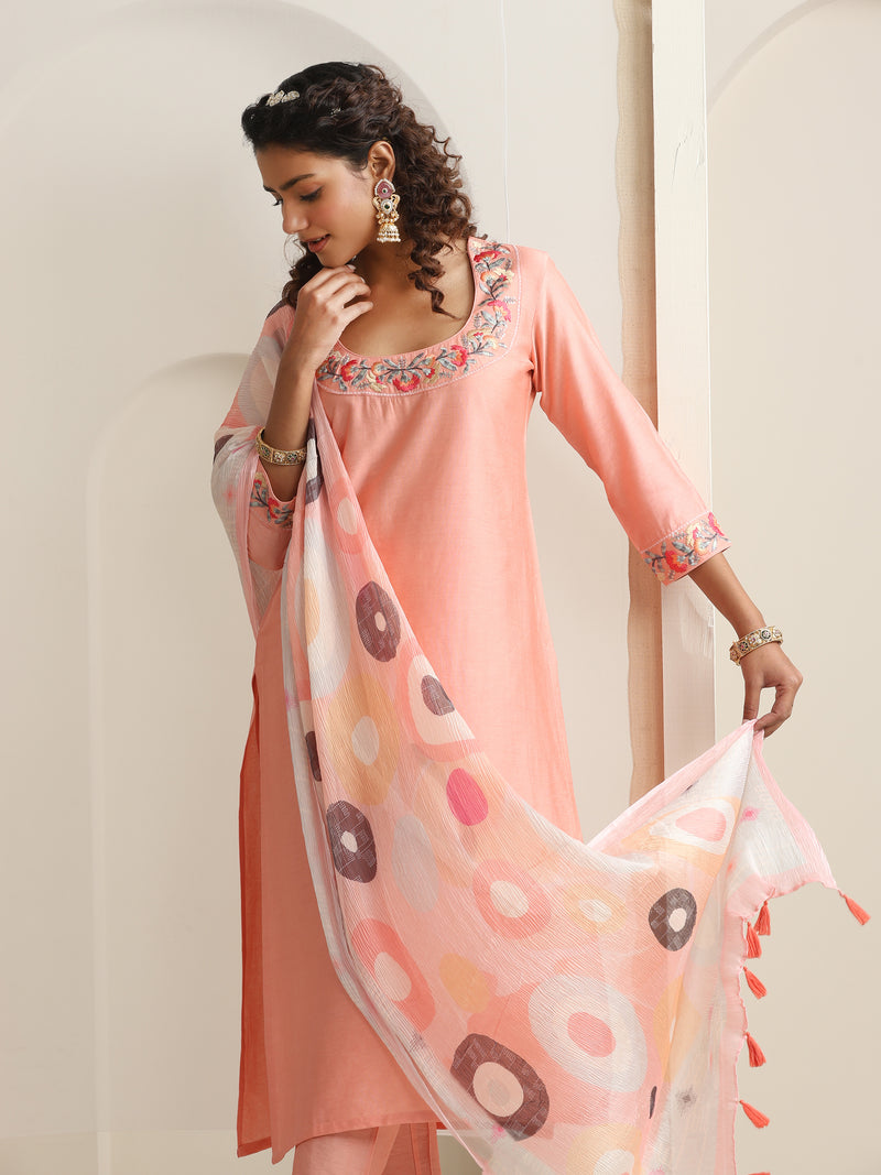 Khushal K Women Pure Silk peach Embroidered Kurta & Palazzo With Dupatta