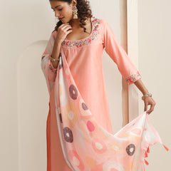 Khushal K Women Pure Silk peach Embroidered Kurta & Palazzo With Dupatta