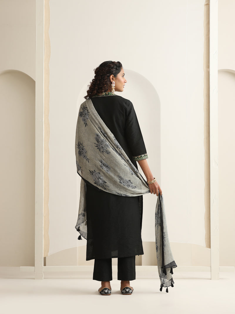 Khushal K Women Pure Silk black Embroidered Kurta & Palazzo With Dupatta