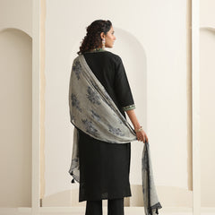 Khushal K Women Pure Silk black Embroidered Kurta & Palazzo With Dupatta