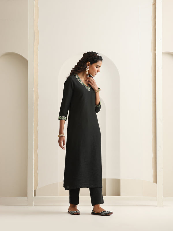 Khushal K Women Pure Silk black Embroidered Kurta & Palazzo With Dupatta