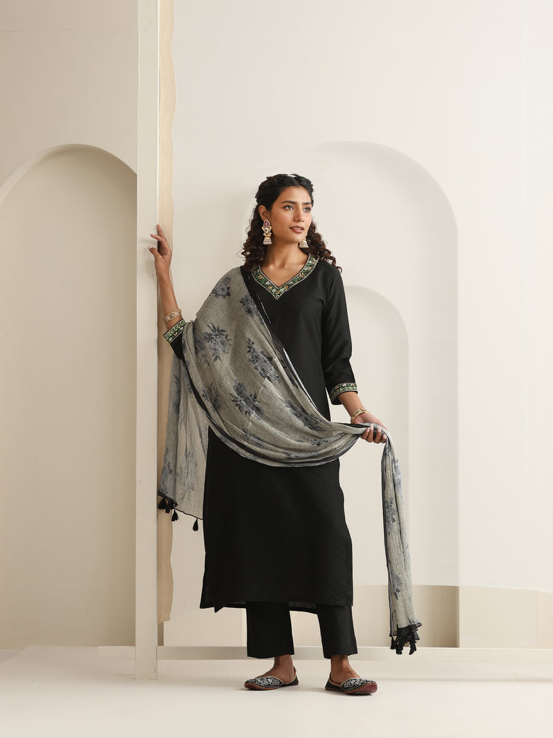 Khushal K Women Pure Silk black Embroidered Kurta & Palazzo With Dupatta
