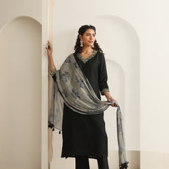 Khushal K Women Pure Silk black Embroidered Kurta & Palazzo With Dupatta