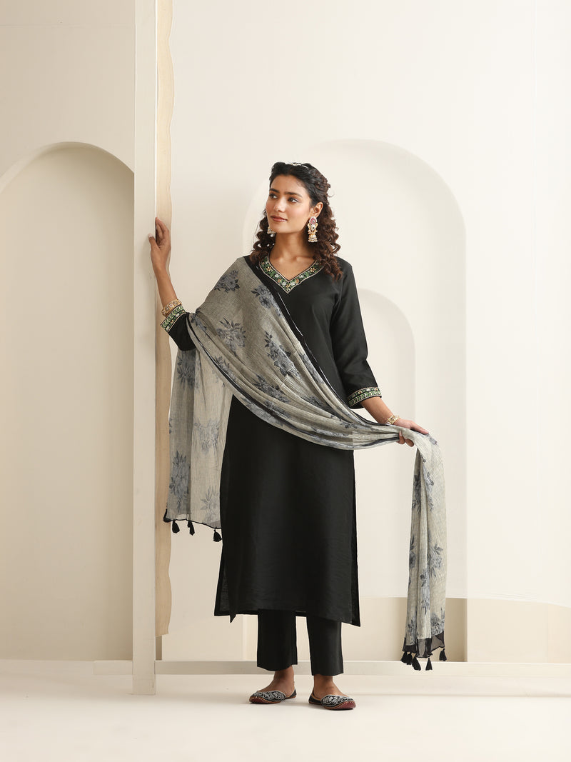 Khushal K Women Pure Silk black Embroidered Kurta & Palazzo With Dupatta