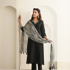 Khushal K Women Pure Silk black Embroidered Kurta & Palazzo With Dupatta