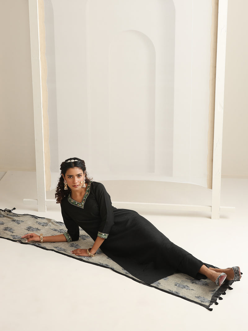 Khushal K Women Pure Silk black Embroidered Kurta & Palazzo With Dupatta