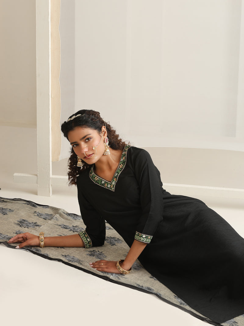 Khushal K Women Pure Silk black Embroidered Kurta & Palazzo With Dupatta