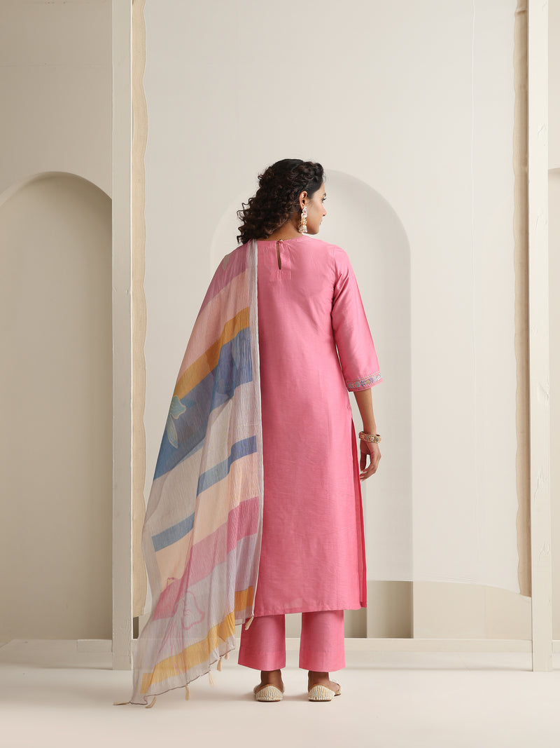 Khushal K Women Pure Silk pink Embroidered Kurta & Palazzo With Dupatta