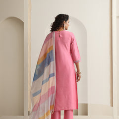 Khushal K Women Pure Silk pink Embroidered Kurta & Palazzo With Dupatta