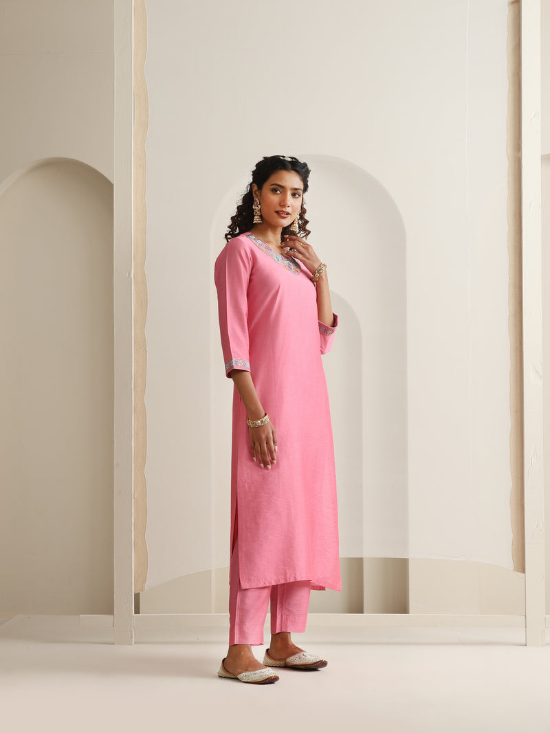 Khushal K Women Pure Silk pink Embroidered Kurta & Palazzo With Dupatta