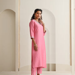 Khushal K Women Pure Silk pink Embroidered Kurta & Palazzo With Dupatta