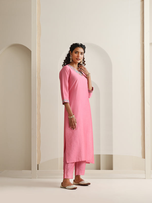 Khushal K Women Pure Silk pink Embroidered Kurta & Palazzo With Dupatta