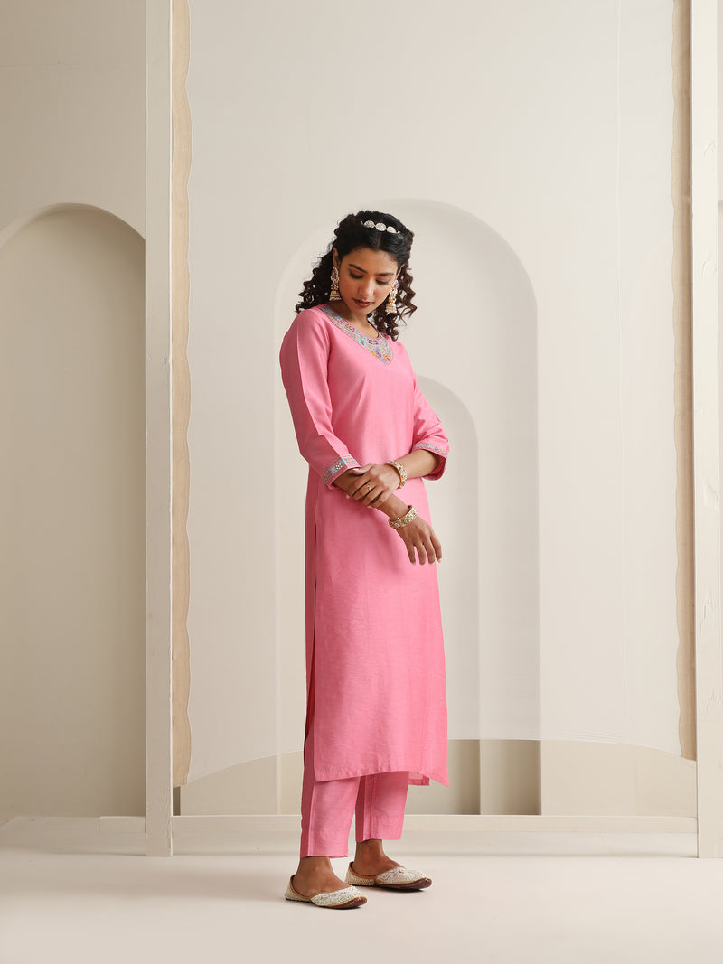 Khushal K Women Pure Silk pink Embroidered Kurta & Palazzo With Dupatta