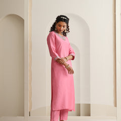 Khushal K Women Pure Silk pink Embroidered Kurta & Palazzo With Dupatta