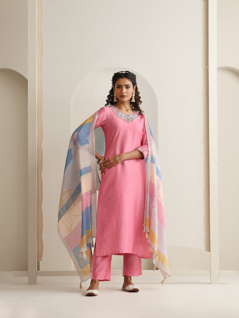 Khushal K Women Pure Silk pink Embroidered Kurta & Palazzo With Dupatta