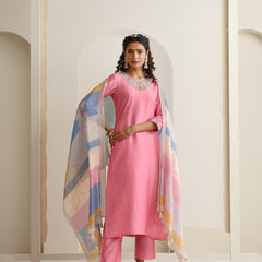 Khushal K Women Pure Silk pink Embroidered Kurta & Palazzo With Dupatta