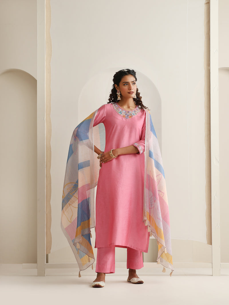 Khushal K Women Pure Silk pink Embroidered Kurta & Palazzo With Dupatta