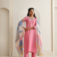 Khushal K Women Pure Silk pink Embroidered Kurta & Palazzo With Dupatta