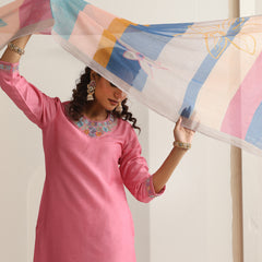 Khushal K Women Pure Silk pink Embroidered Kurta & Palazzo With Dupatta