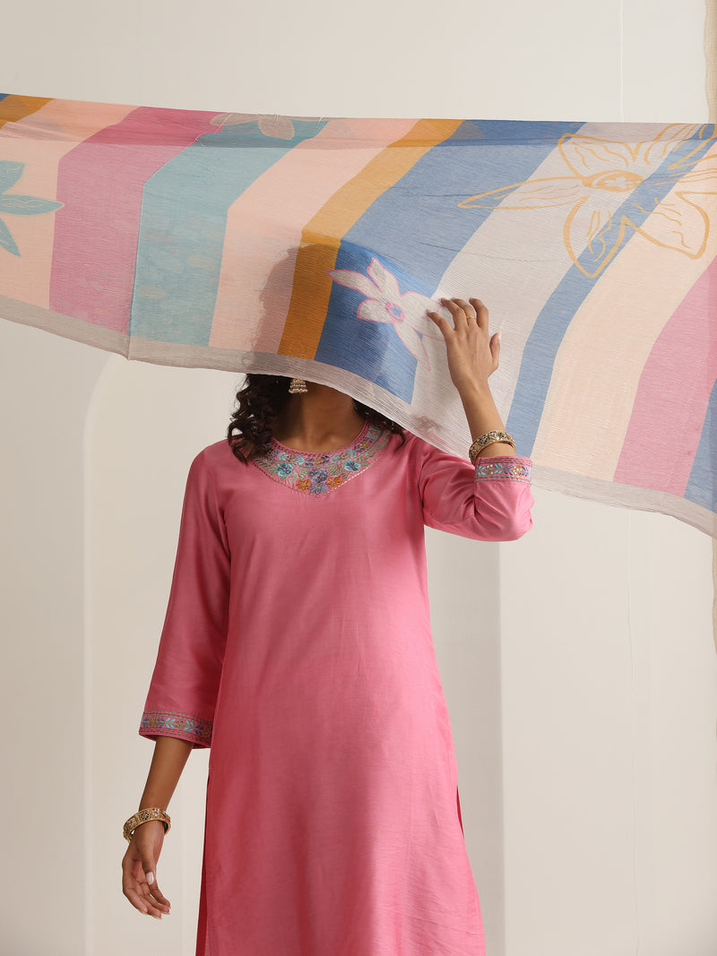 Khushal K Women Pure Silk pink Embroidered Kurta & Palazzo With Dupatta