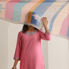 Khushal K Women Pure Silk pink Embroidered Kurta & Palazzo With Dupatta