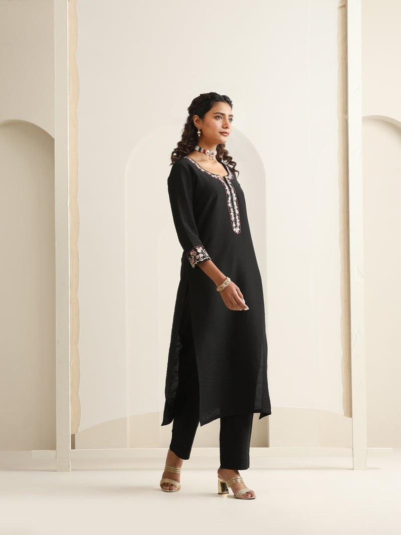 Khushal K Women Pure Silk black Embroidered Kurta & Palazzo With Dupatta